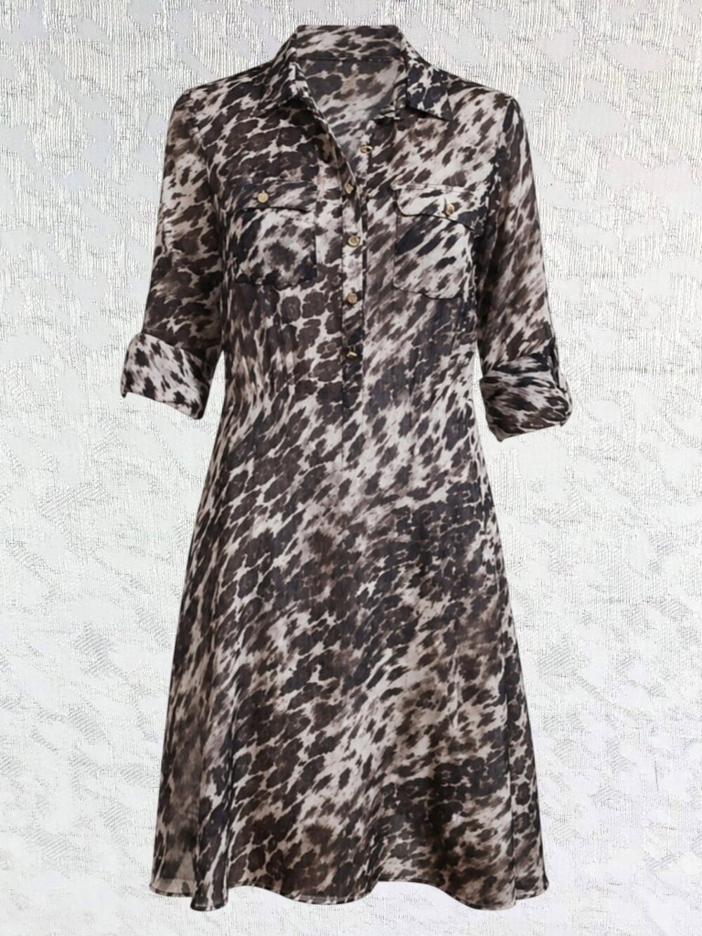 Alex Marie Petite Brown & Tan Print Midi Dress Button Front Long Sleeve Size 6P